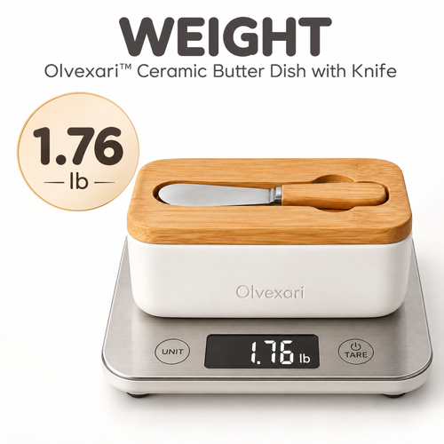 Olvexari™ Bamboo Lid Ceramic Butter Dish with Integrated Knife