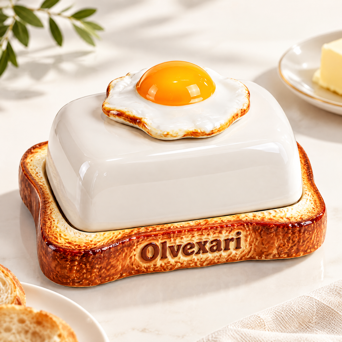 Olvexari™ Fried Egg & Toast Sculptural Ceramic Butter Dish