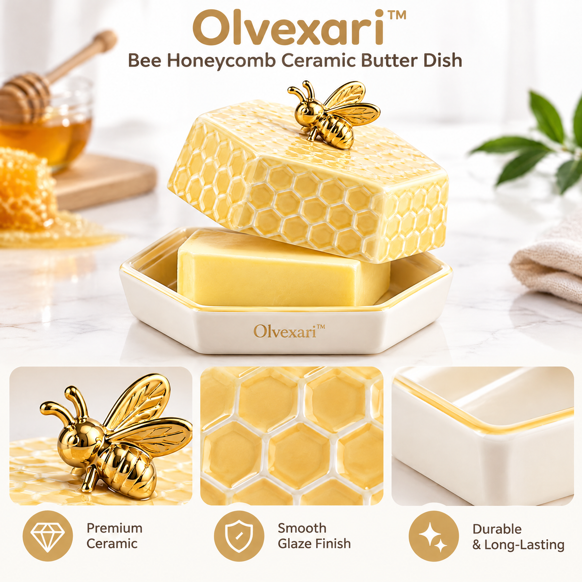 Olvexari™ Golden Bee Honeycomb Ceramic Butter Dish