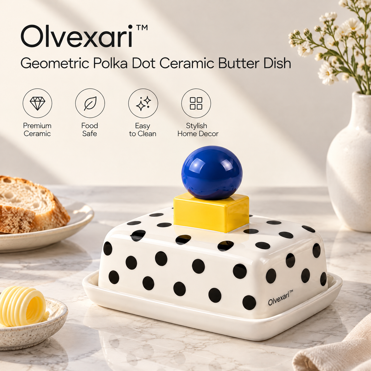 Olvexari™ Geometric Polka Dot Sculptural Ceramic Butter Dish