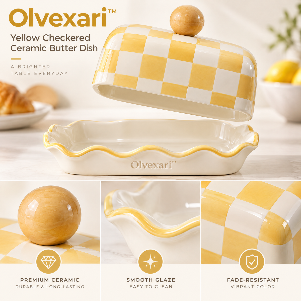 Olvexari™ Yellow Checkered Sculptural Ceramic Butter Dish