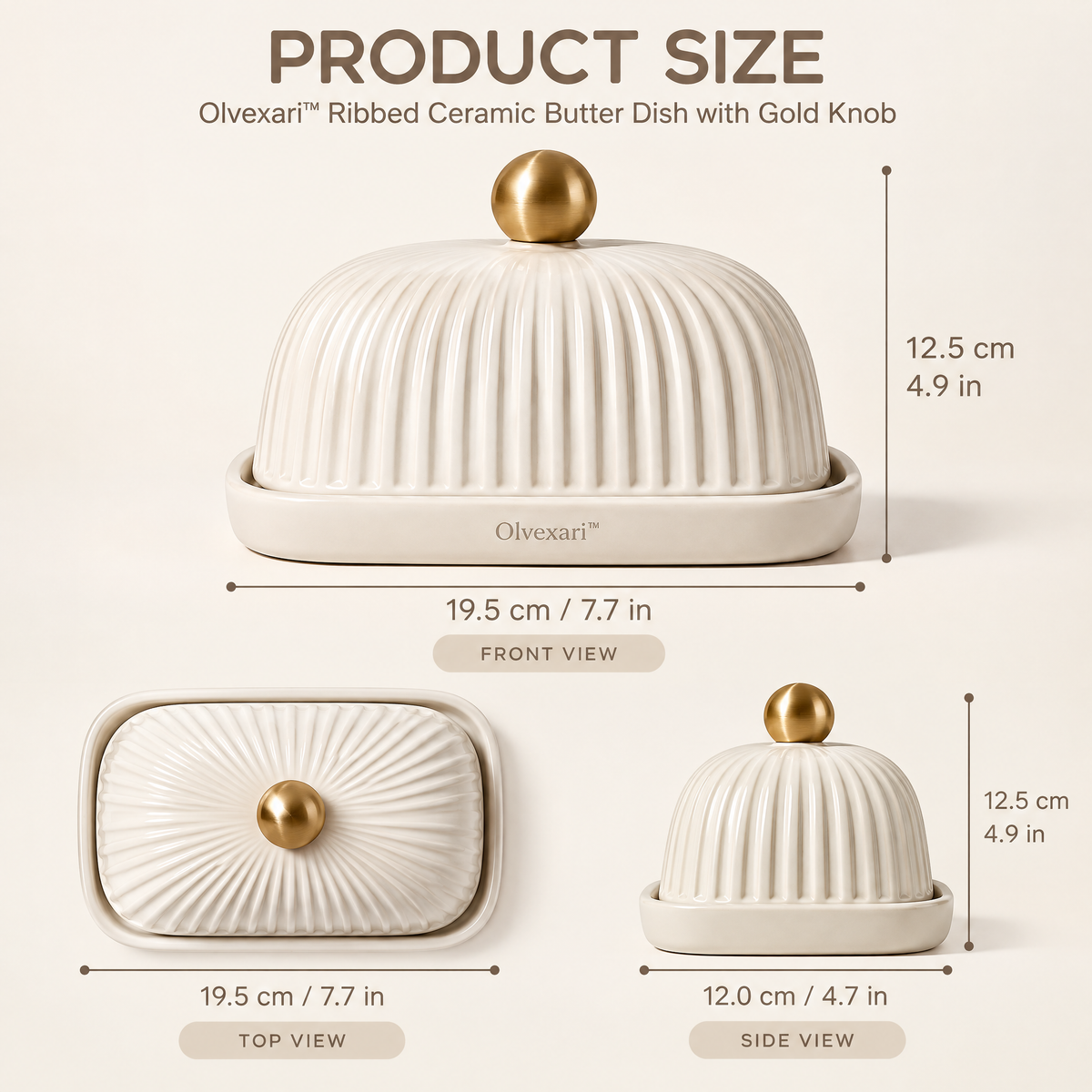 Olvexari™ Ribbed Sculptural Ceramic Butter Dish with Gold Knob
