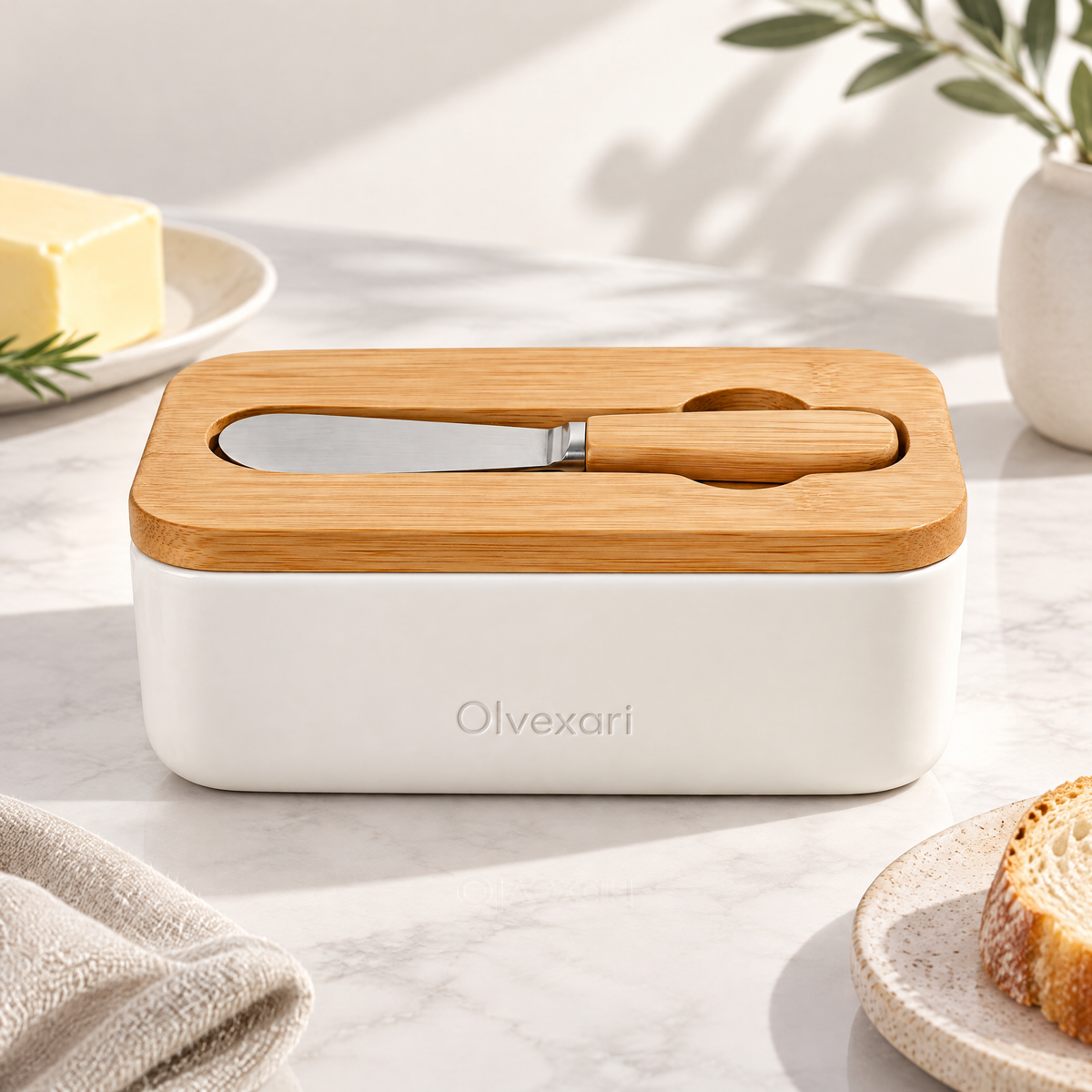 Olvexari™ Bamboo Lid Ceramic Butter Dish with Integrated Knife