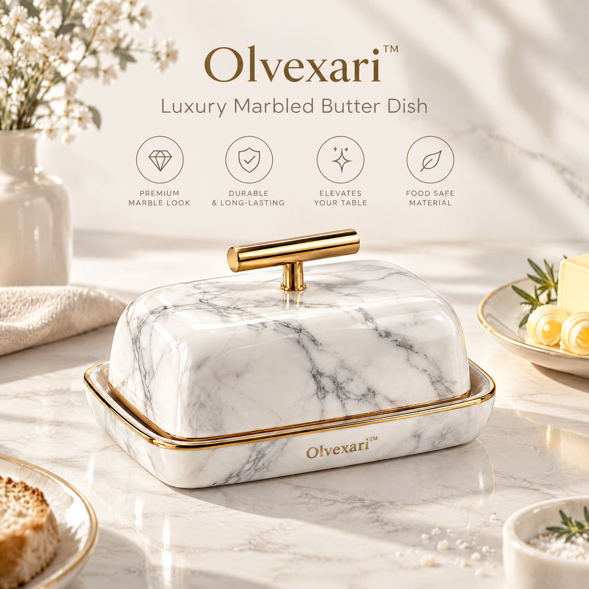 Olvexari™ Luxury Marbled Sculptural Ceramic Butter Dish