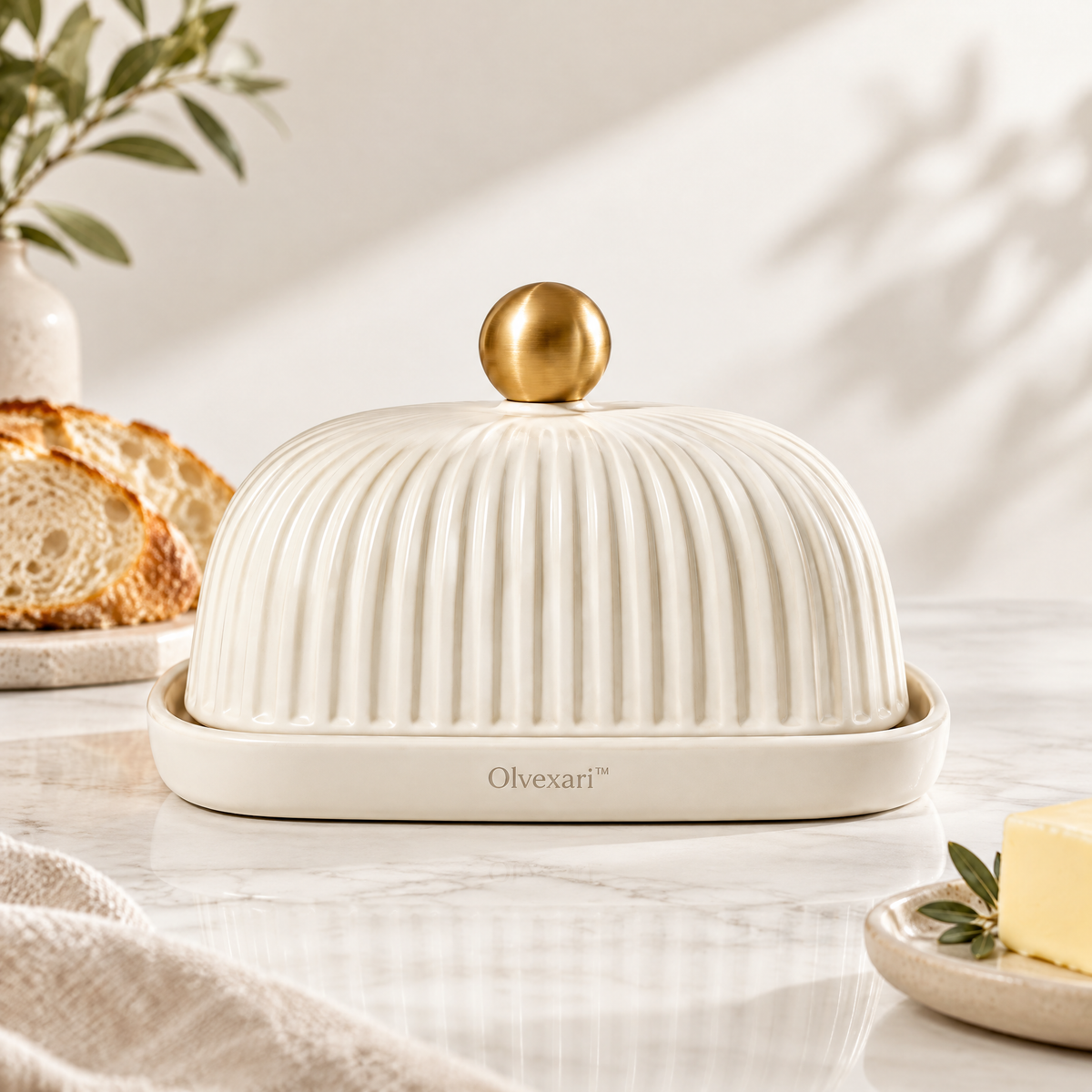 Olvexari™ Ribbed Sculptural Ceramic Butter Dish with Gold Knob