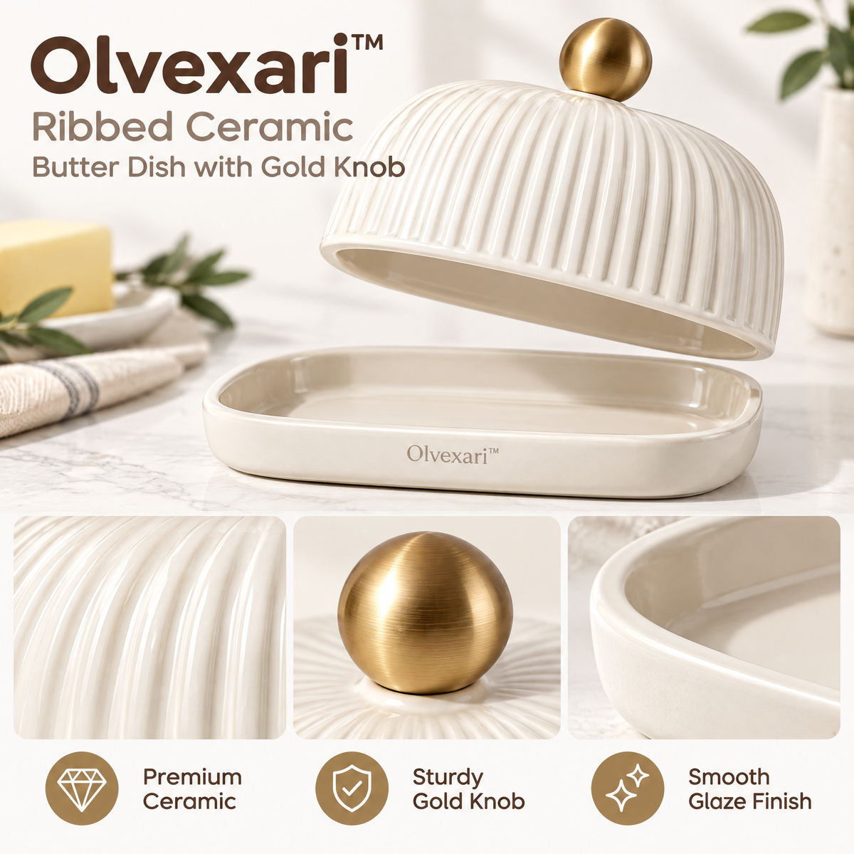 Olvexari™ Ribbed Sculptural Ceramic Butter Dish with Gold Knob