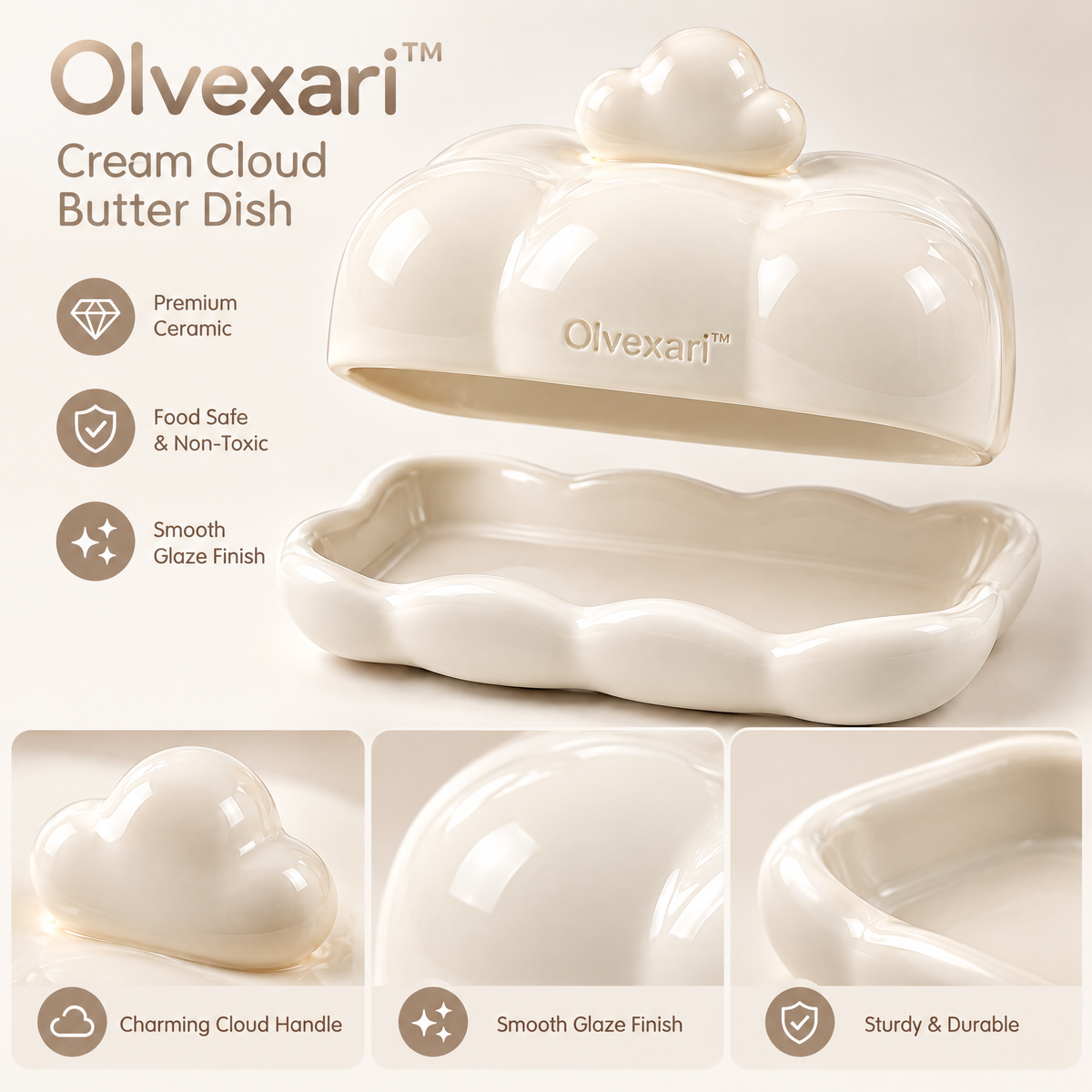Olvexari™ Cream Cloud Sculptural Ceramic Butter Dish