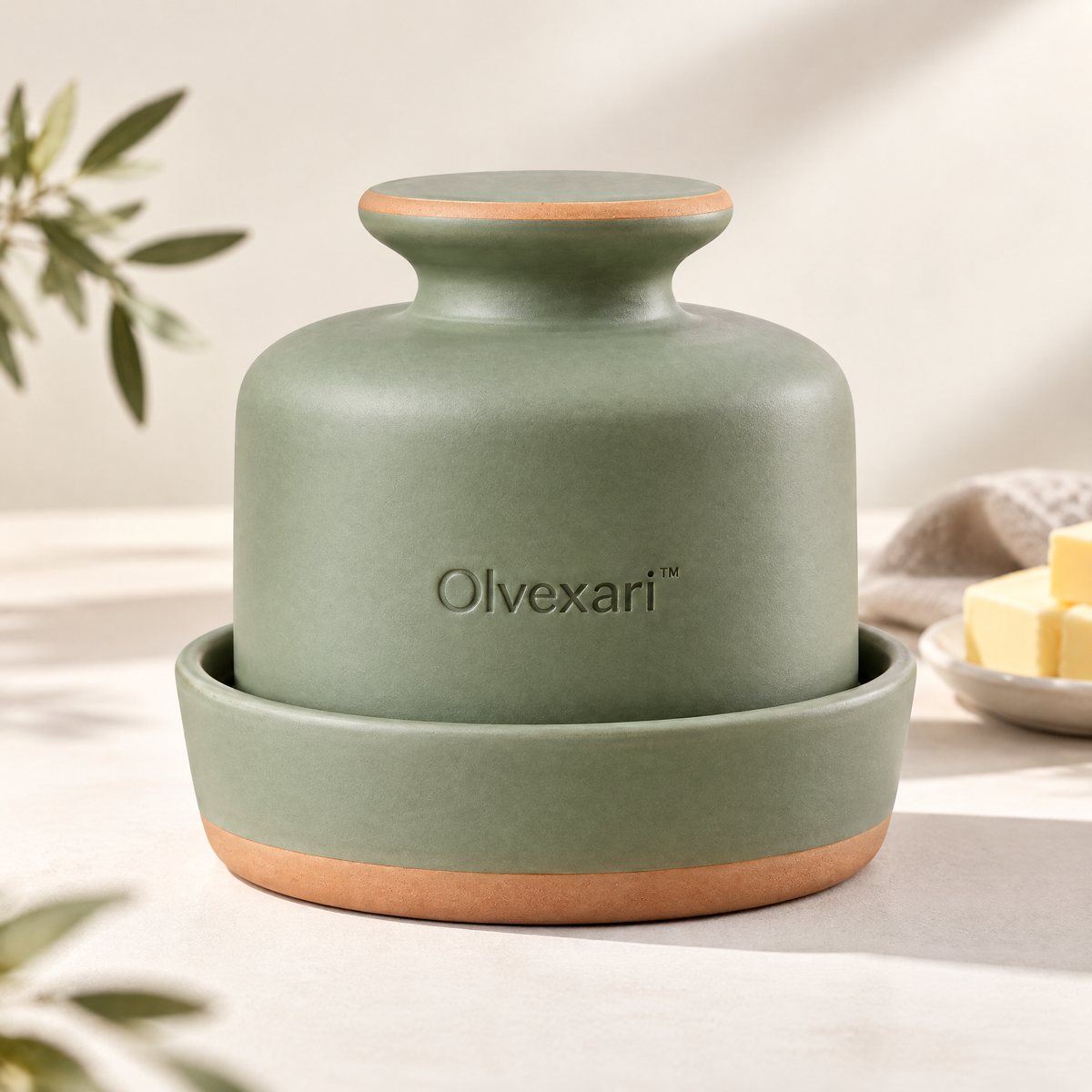 Olvexari™ Sage Matte Sculptural Ceramic Butter Dish