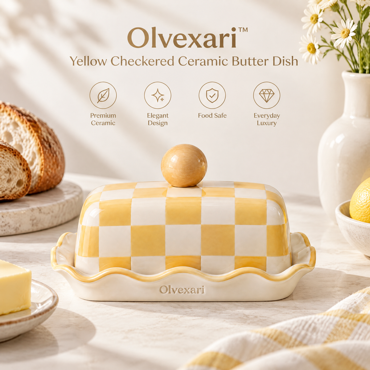 Olvexari™ Yellow Checkered Sculptural Ceramic Butter Dish