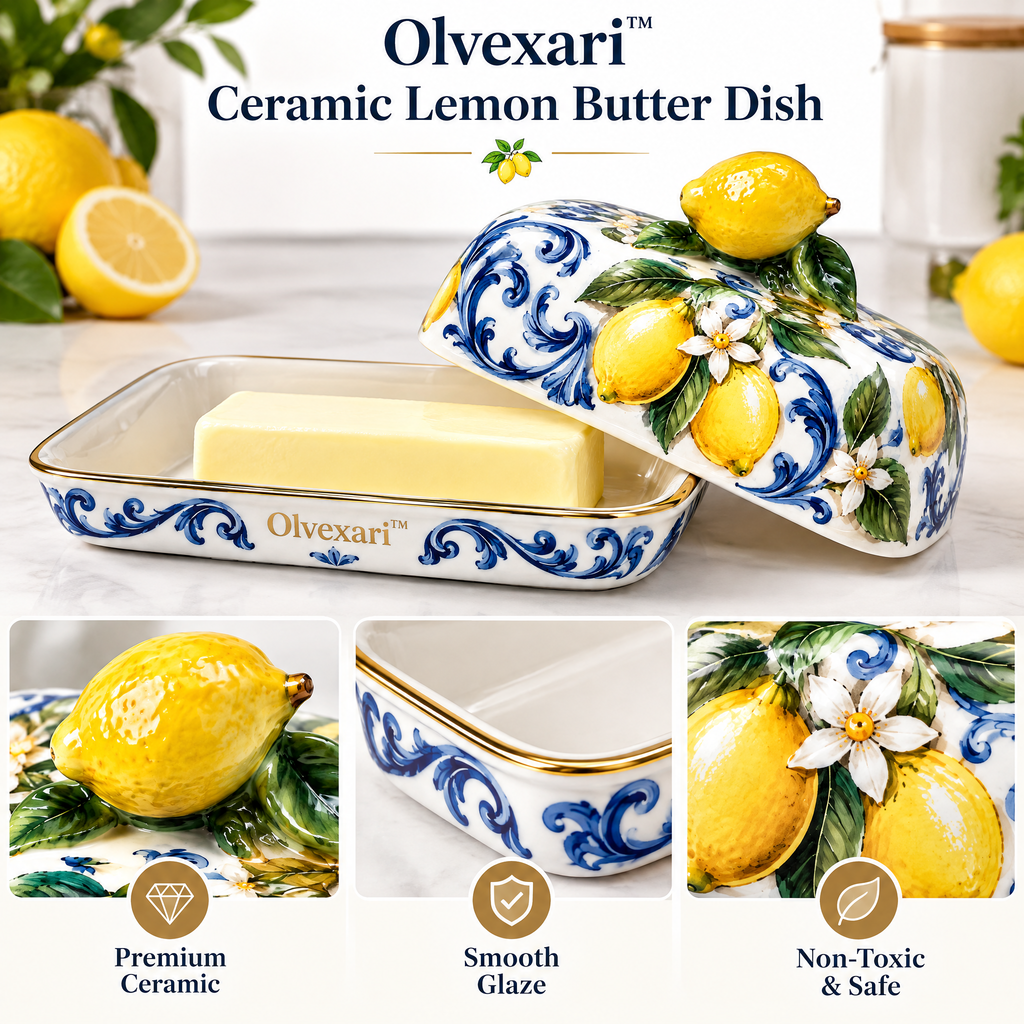 Olvexari™ Lemon Garden Sculptural Ceramic Butter Dish