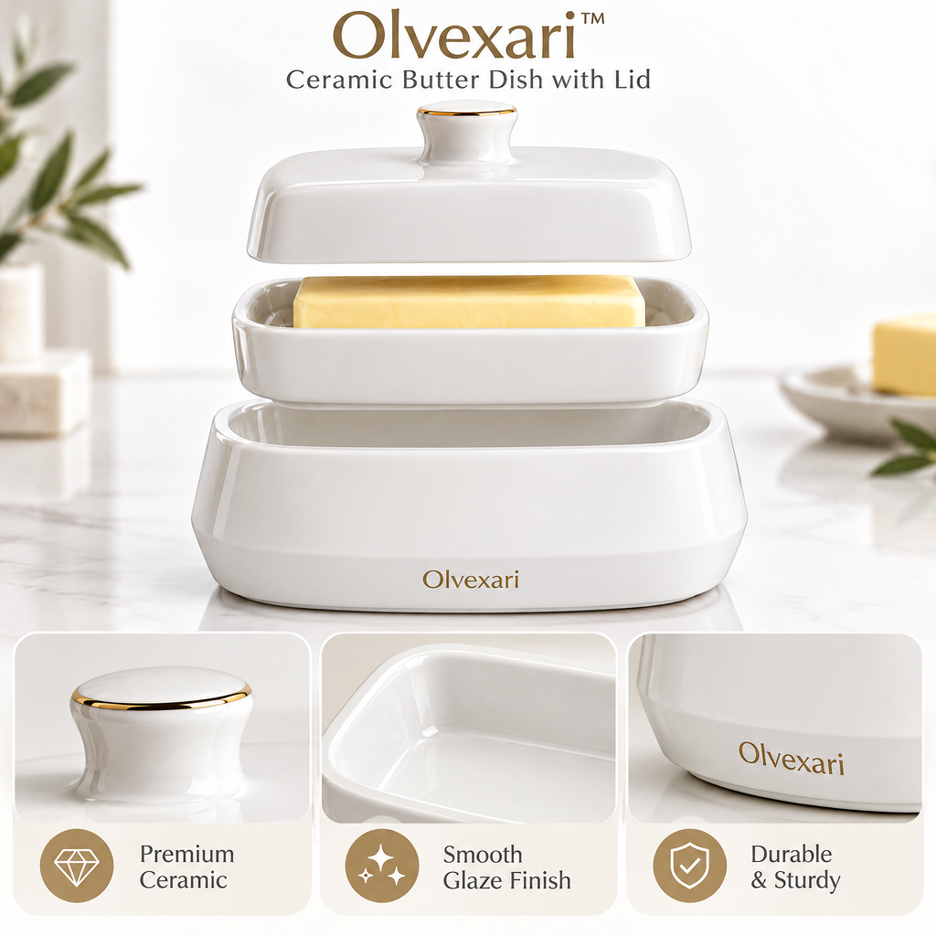 Olvexari™ Classic White Sculptural Ceramic Butter Dish with Lid