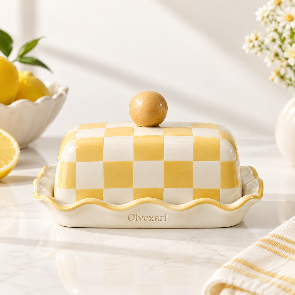 Olvexari™ Yellow Checkered Sculptural Ceramic Butter Dish