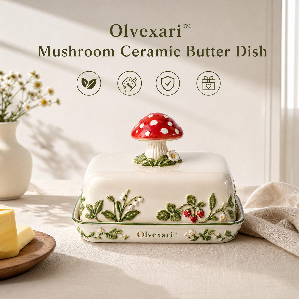 Olvexari™ Mushroom Garden Sculptural Ceramic Butter Dish