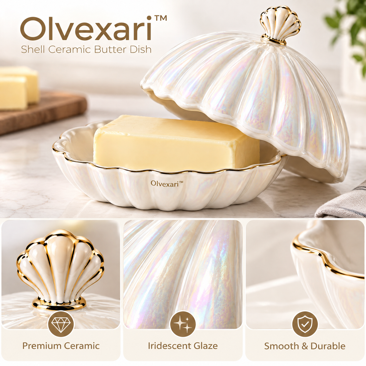 Olvexari™ Pearl Shell Sculptural Ceramic Butter Dish