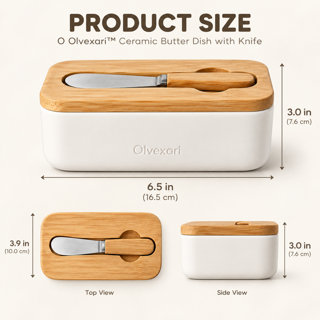 Olvexari™ Bamboo Lid Ceramic Butter Dish with Integrated Knife