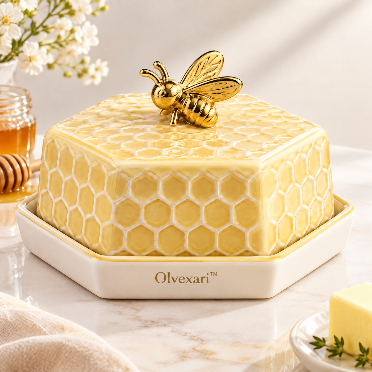 Olvexari™ Golden Bee Honeycomb Ceramic Butter Dish