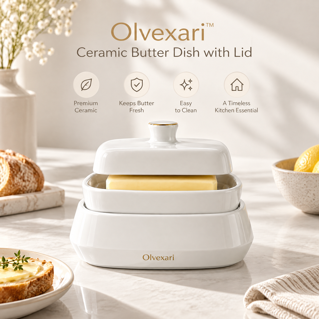 Olvexari™ Classic White Sculptural Ceramic Butter Dish with Lid