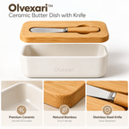 Olvexari™ Bamboo Lid Ceramic Butter Dish with Integrated Knife