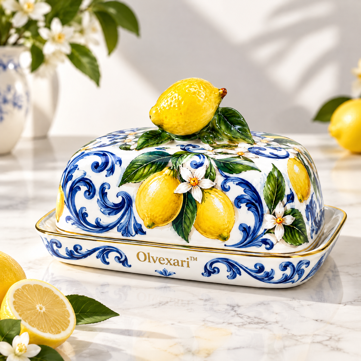 Olvexari™ Lemon Garden Sculptural Ceramic Butter Dish