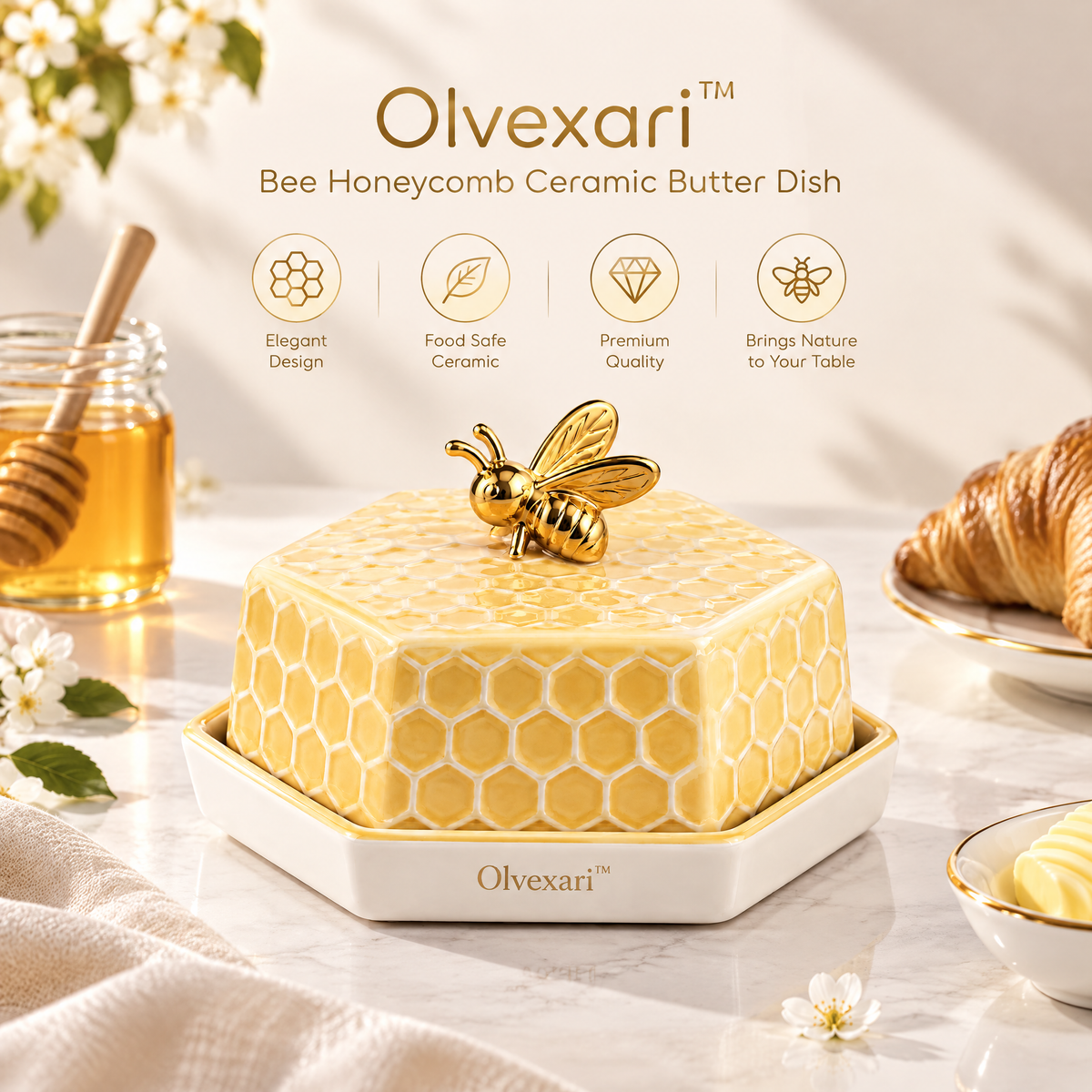Olvexari™ Golden Bee Honeycomb Ceramic Butter Dish