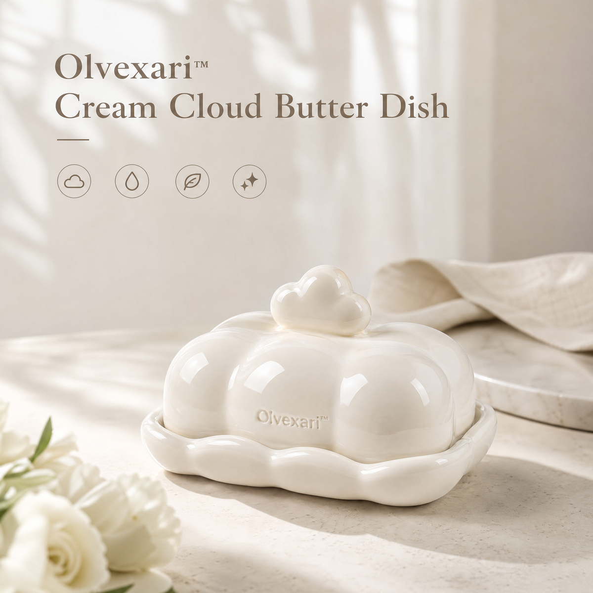Olvexari™ Cream Cloud Sculptural Ceramic Butter Dish