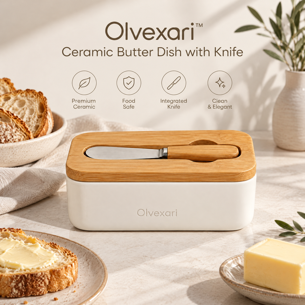 Olvexari™ Bamboo Lid Ceramic Butter Dish with Integrated Knife