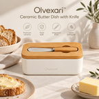 Olvexari™ Bamboo Lid Ceramic Butter Dish with Integrated Knife