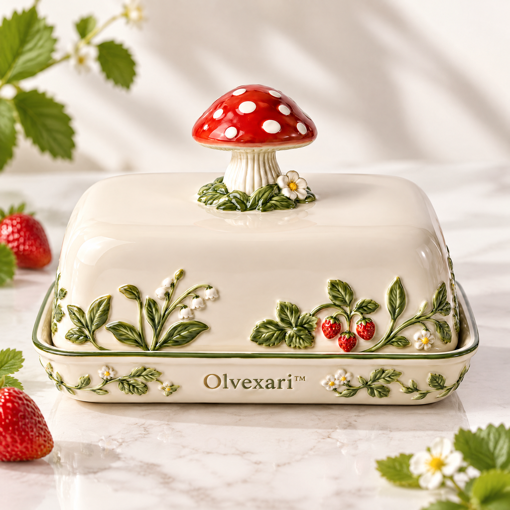Olvexari™ Mushroom Garden Sculptural Ceramic Butter Dish