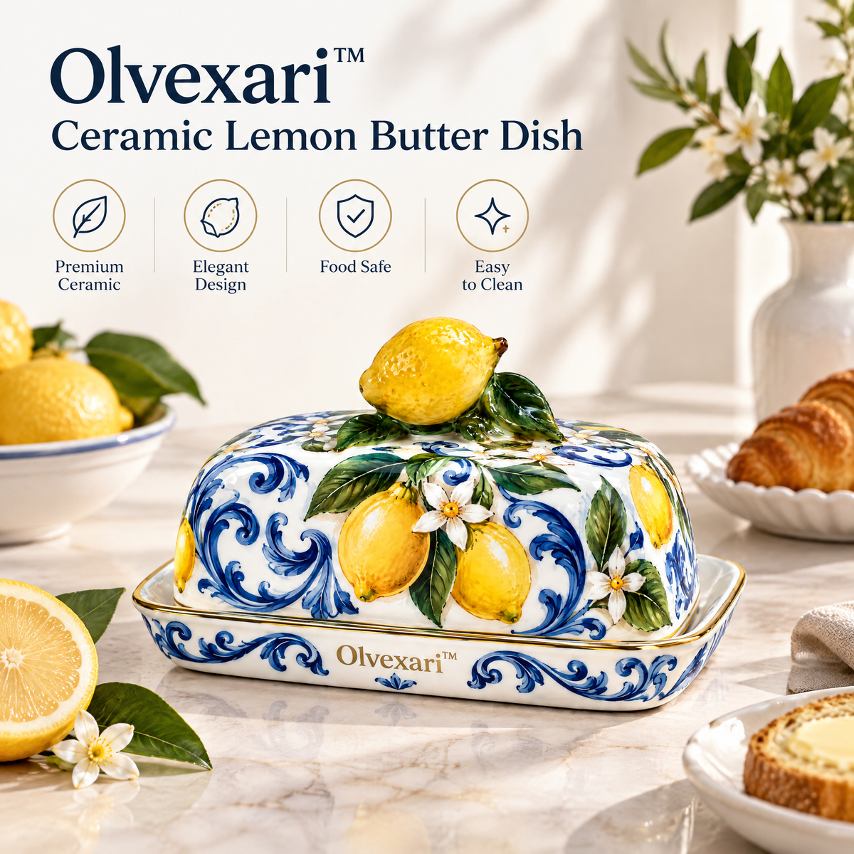 Olvexari™ Lemon Garden Sculptural Ceramic Butter Dish