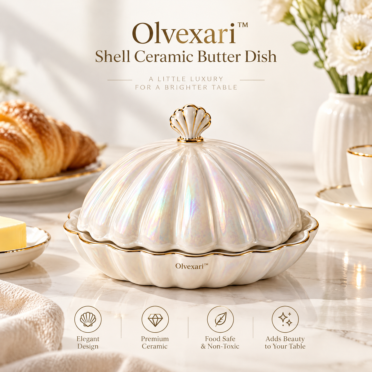 Olvexari™ Pearl Shell Sculptural Ceramic Butter Dish