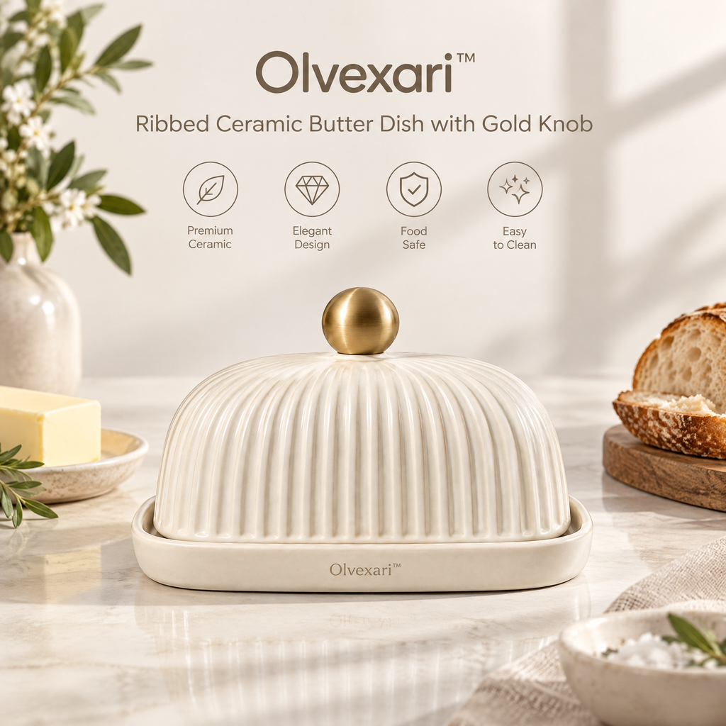 Olvexari™ Ribbed Sculptural Ceramic Butter Dish with Gold Knob