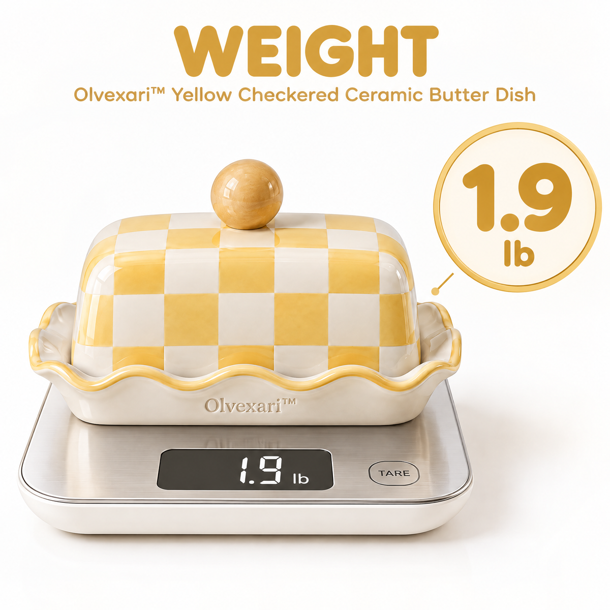 Olvexari™ Yellow Checkered Sculptural Ceramic Butter Dish